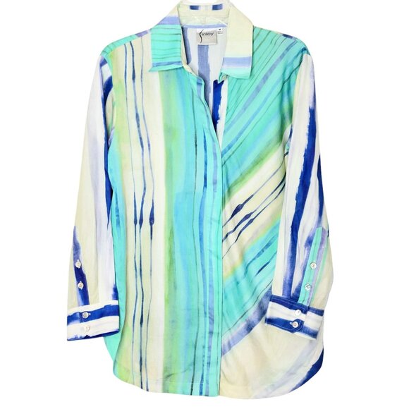 Finley Women Button Up Shirt Size M Multicolor Boyfriend Print Cotton - Picture 1 of 6